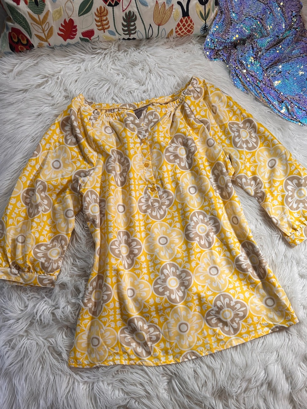 White Stag • Y2K Art Deco Sunny Yellow Floral Tunic - Picture 2 of 12